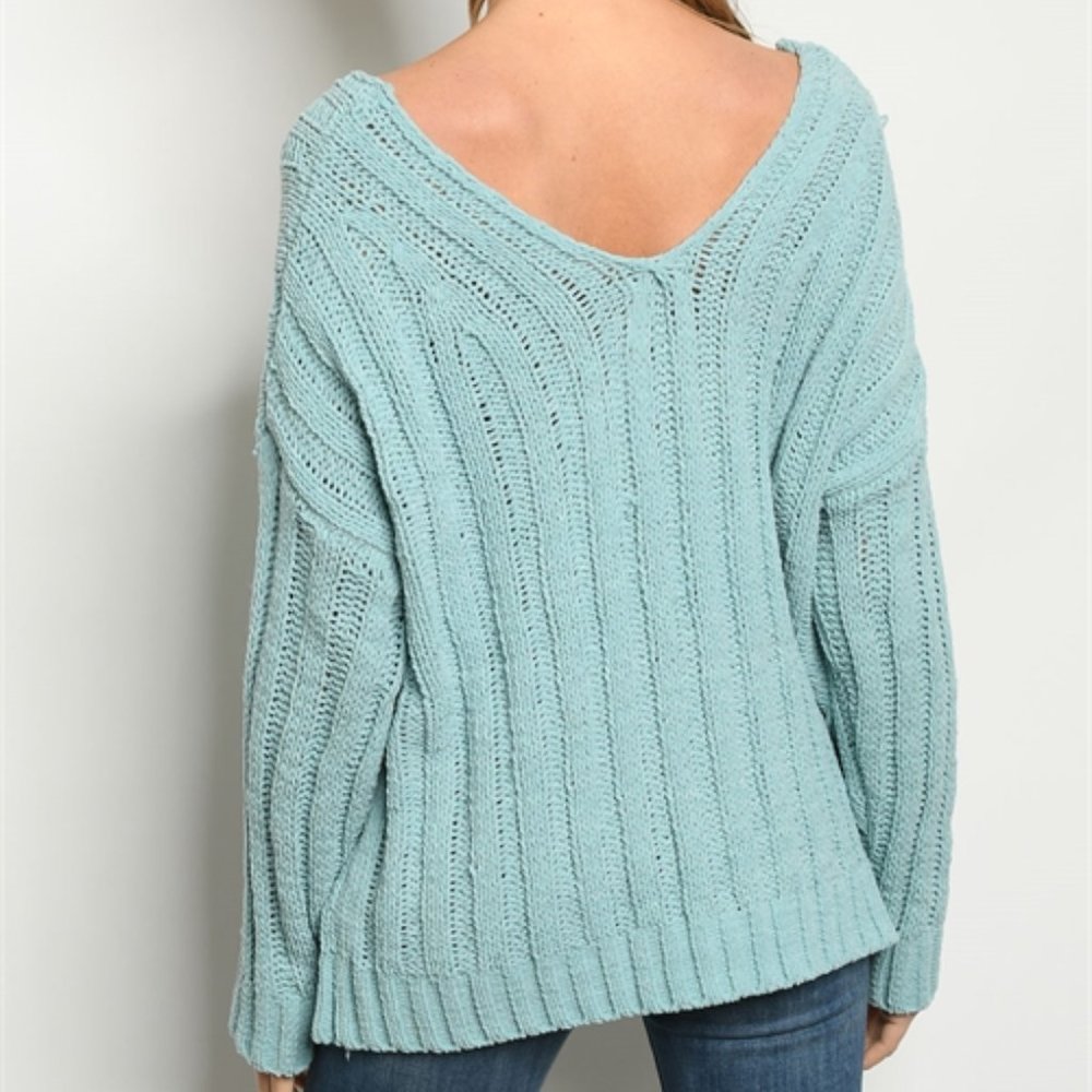 BLUE V NECK KNIT SWEATER TUNIC TOP - Picture 3 of 4